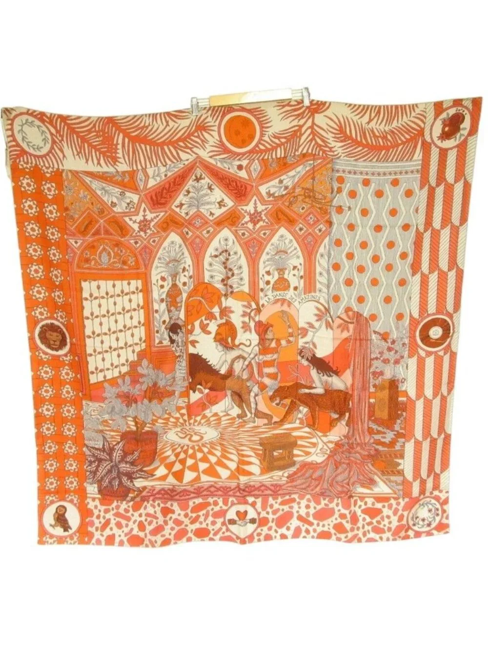 Hermes Carre Geant 140 la Dance Des Amazon Cashmere Silk Shawl Orange Scarf